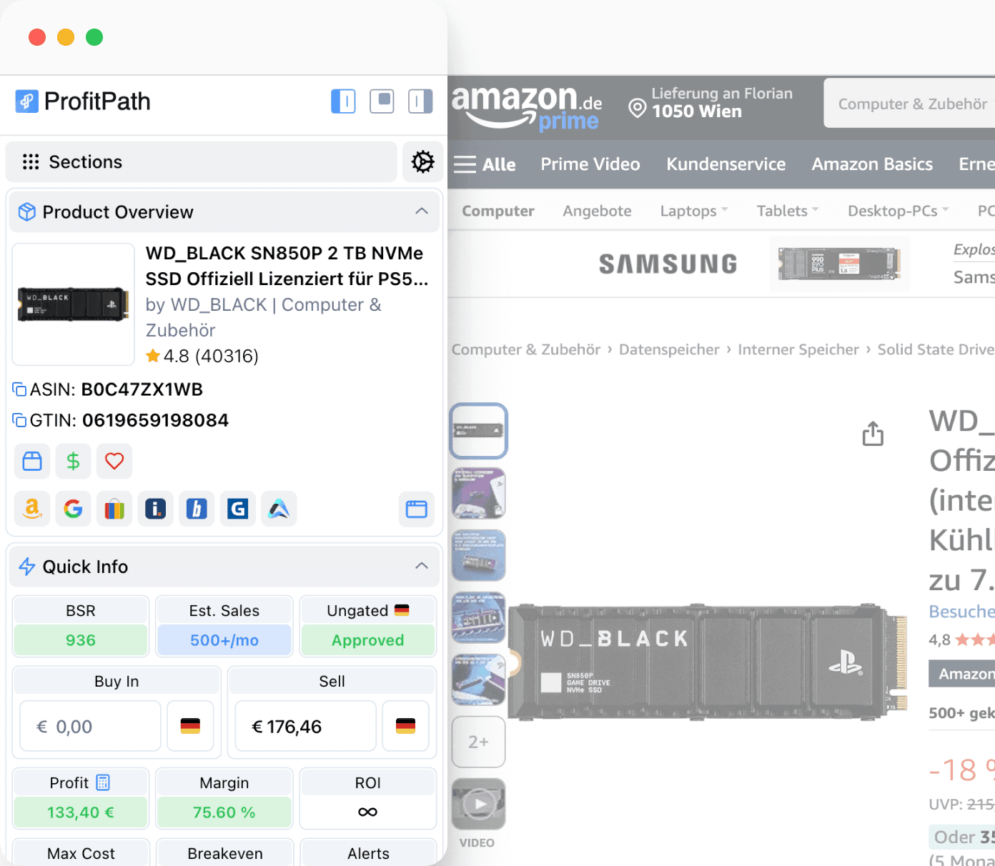 ProfitGo arbitrage extension with built-in Amazon FBA fee calculator ProfitGo arbitrage extension showing Amazon FBA fee calculator with profit, ROI, and margin analysis